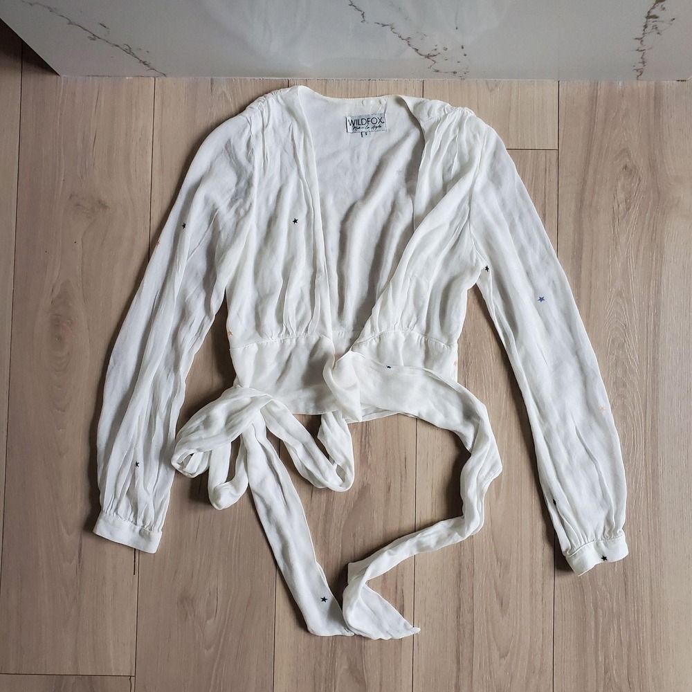 Wildfox Blouse Womens S White V Neck Tie Front Stars Cropped Top Lightweight USA